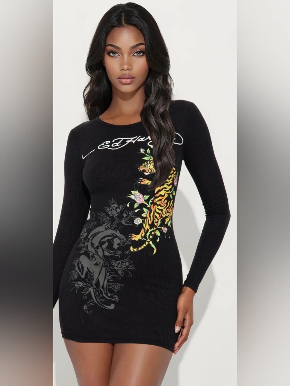 Ed Hardy Black Long Sleeve Ribbed Top with Yellow & Orange Tiger Graphic
